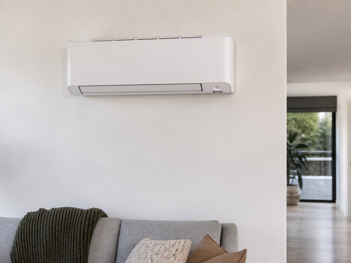 Wall-mounted split-system air conditioner in a living room