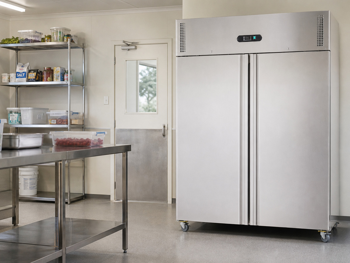 Upright commercial refrigerator in an institutional kitchen