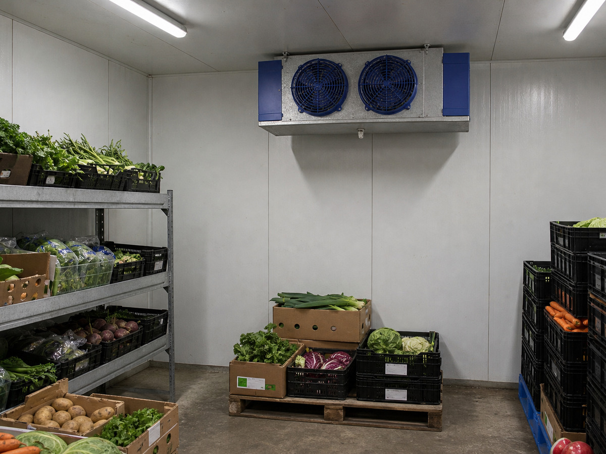Cold room with produce shelving and a wall-mounted evaporator