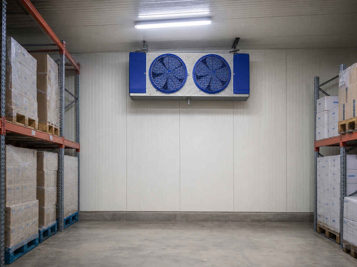 Empty cold-storage room with racking and a wall-mounted evaporator