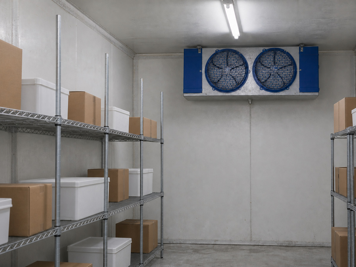 Empty walk-in freezer room with shelving and a wall-mounted evaporator
