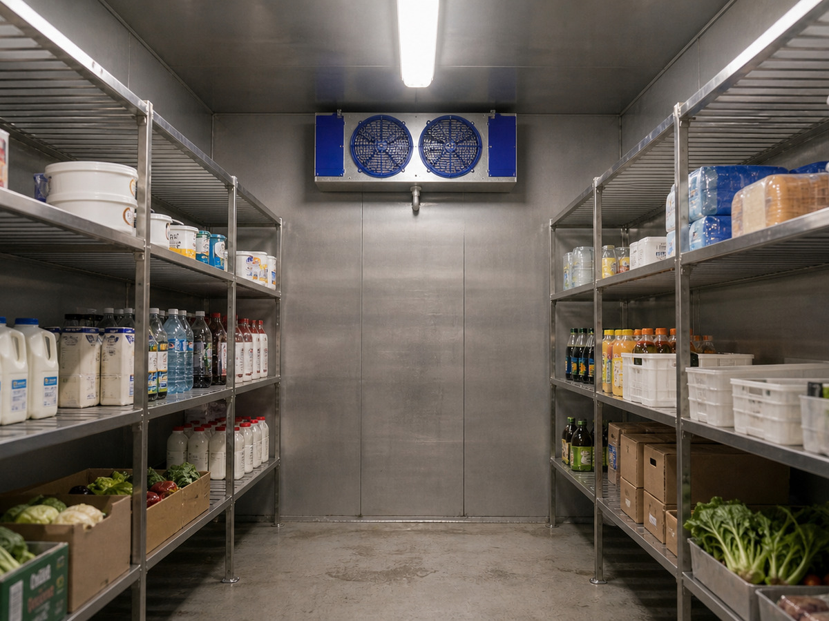 Walk-in cold room with stocked shelving and a wall-mounted evaporator