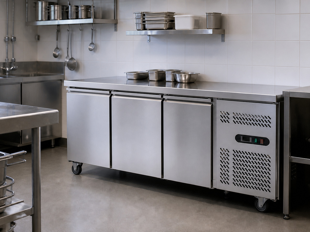 Stainless-steel undercounter commercial refrigerator in a kitchen