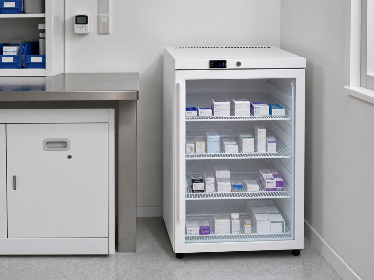 Glass-door medical refrigerator with labelled stock