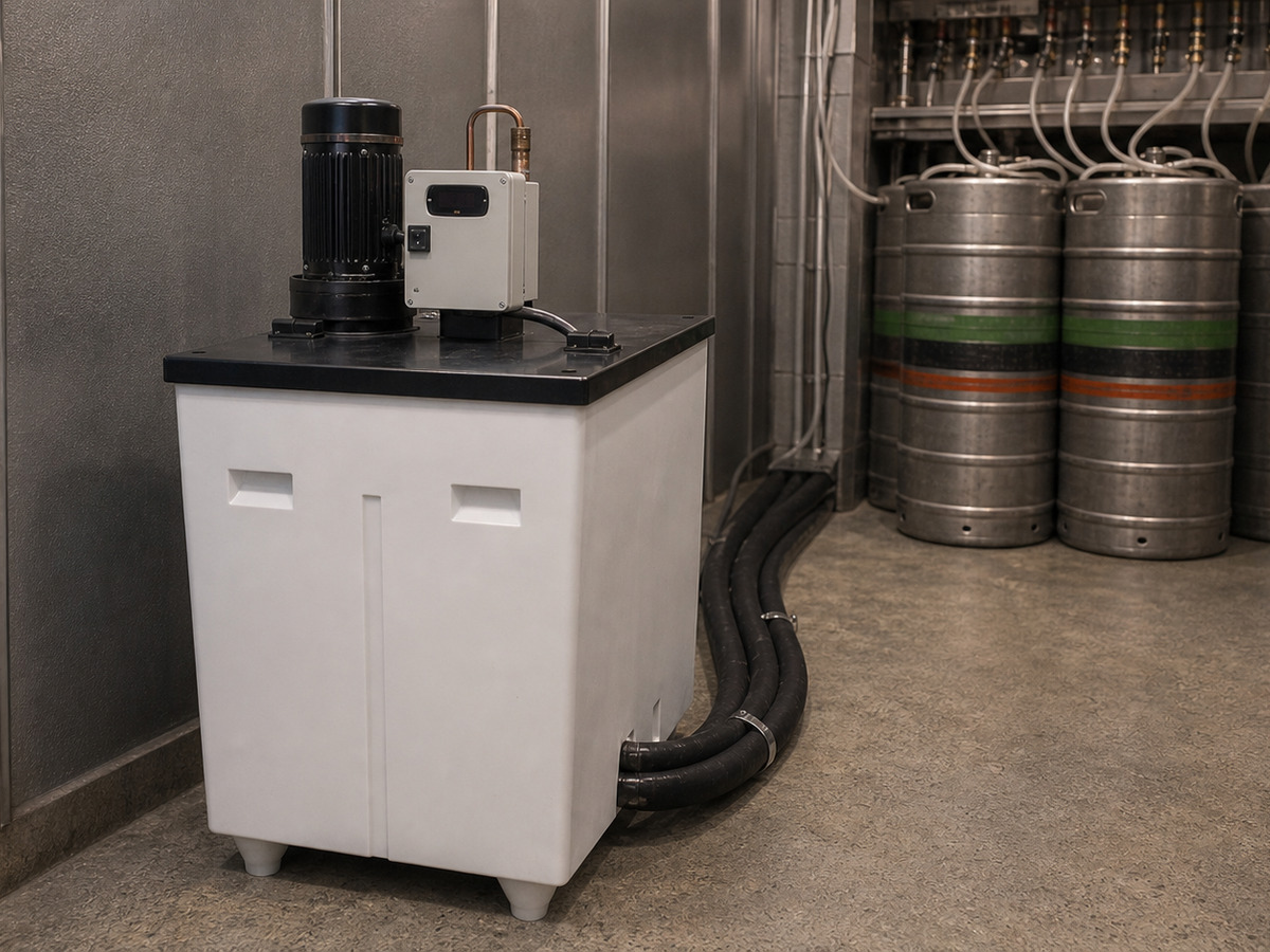 Undercounter ice and beverage machine beside beer kegs