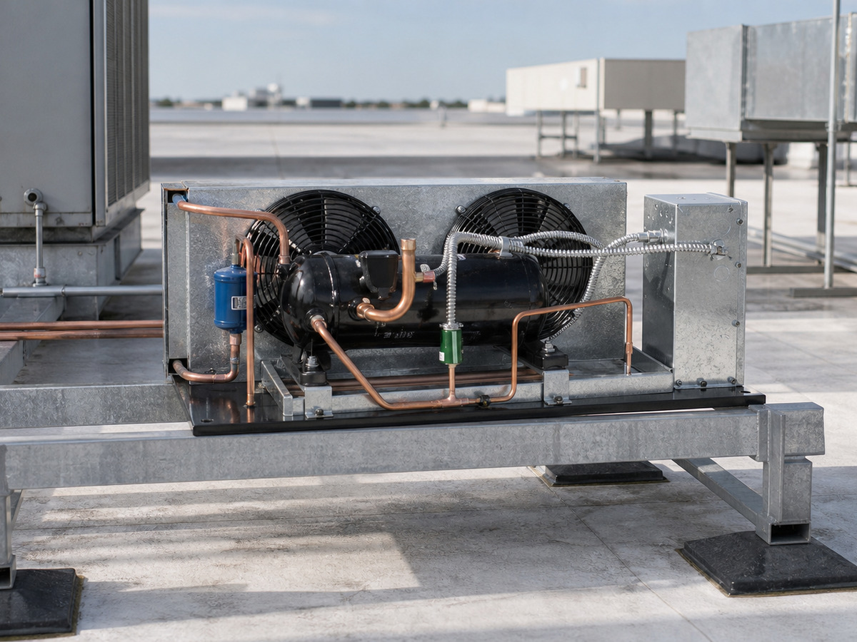 Commercial refrigeration condensing unit on a rooftop