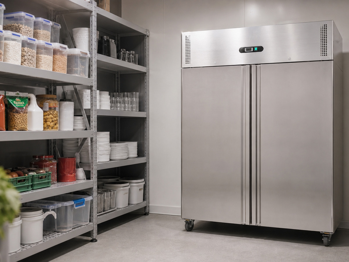 Stainless-steel upright commercial refrigerator in a storeroom