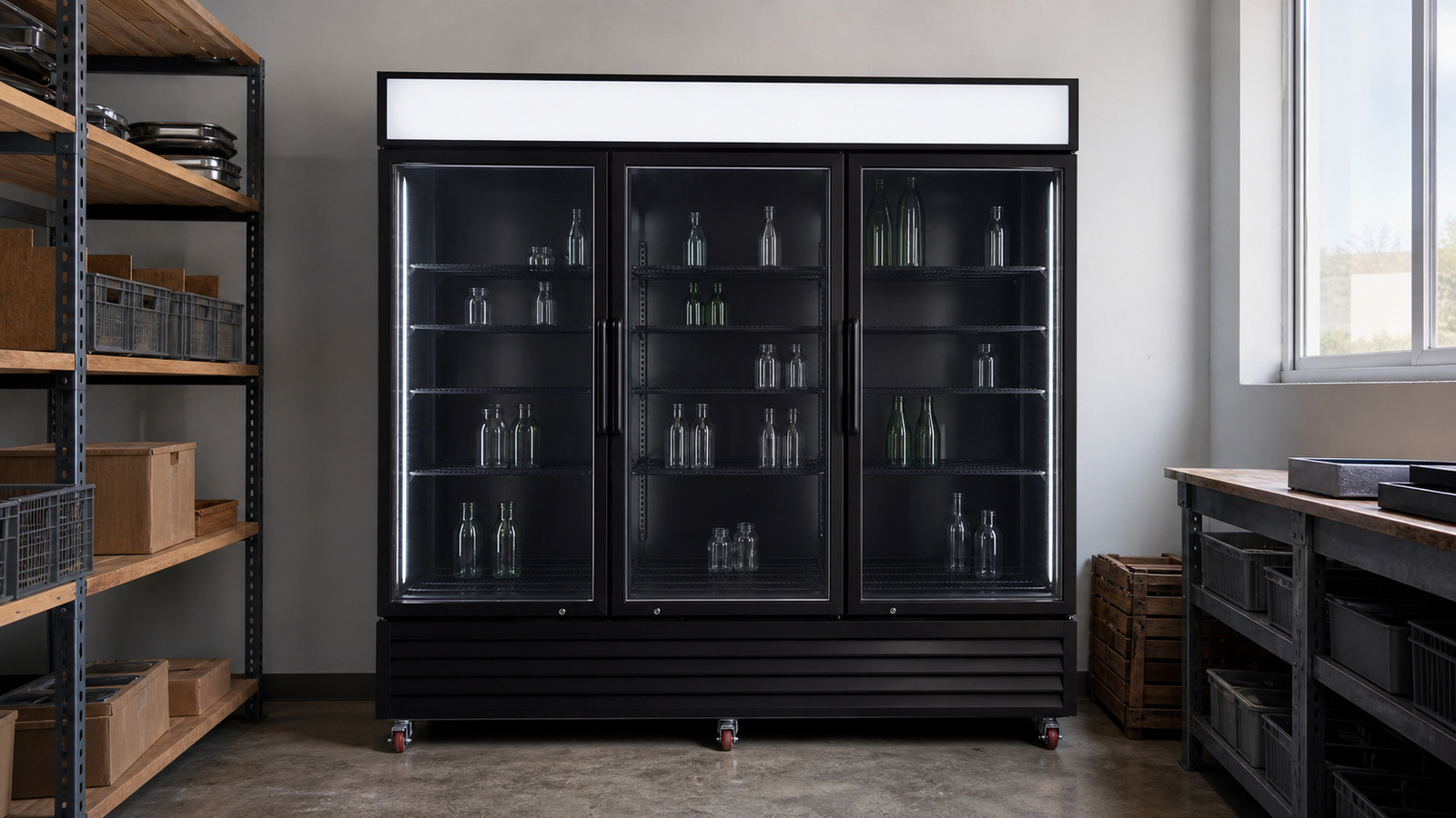 Black glass-door display refrigerator in a storeroom