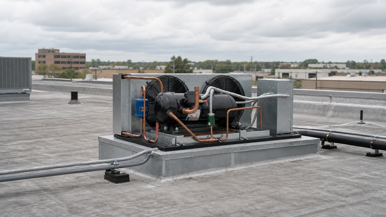 Commercial refrigeration condensing unit on a rooftop