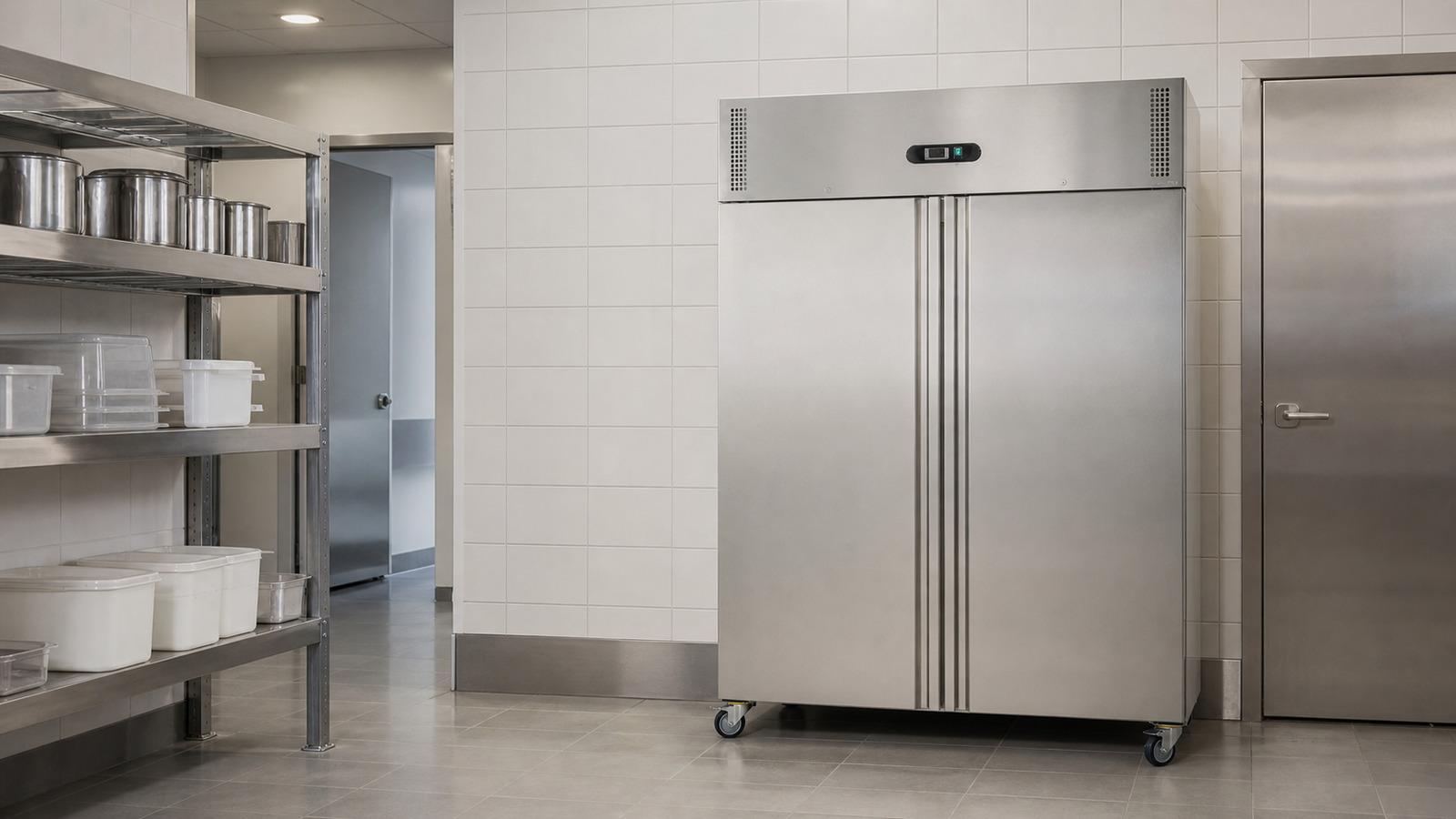 Stainless-steel upright commercial refrigerator in a commercial kitchen