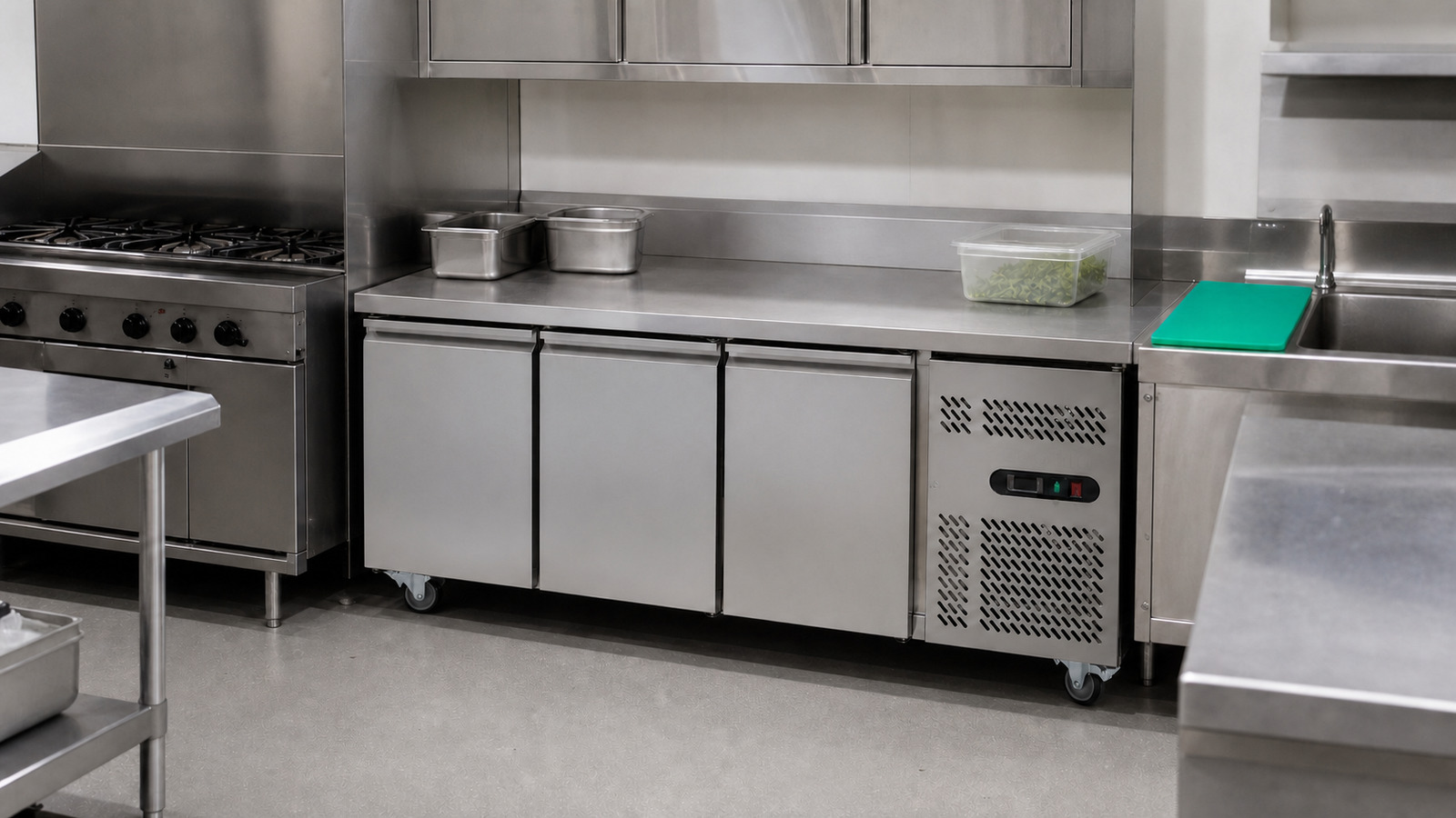 Commercial production kitchen with walk-in fridges