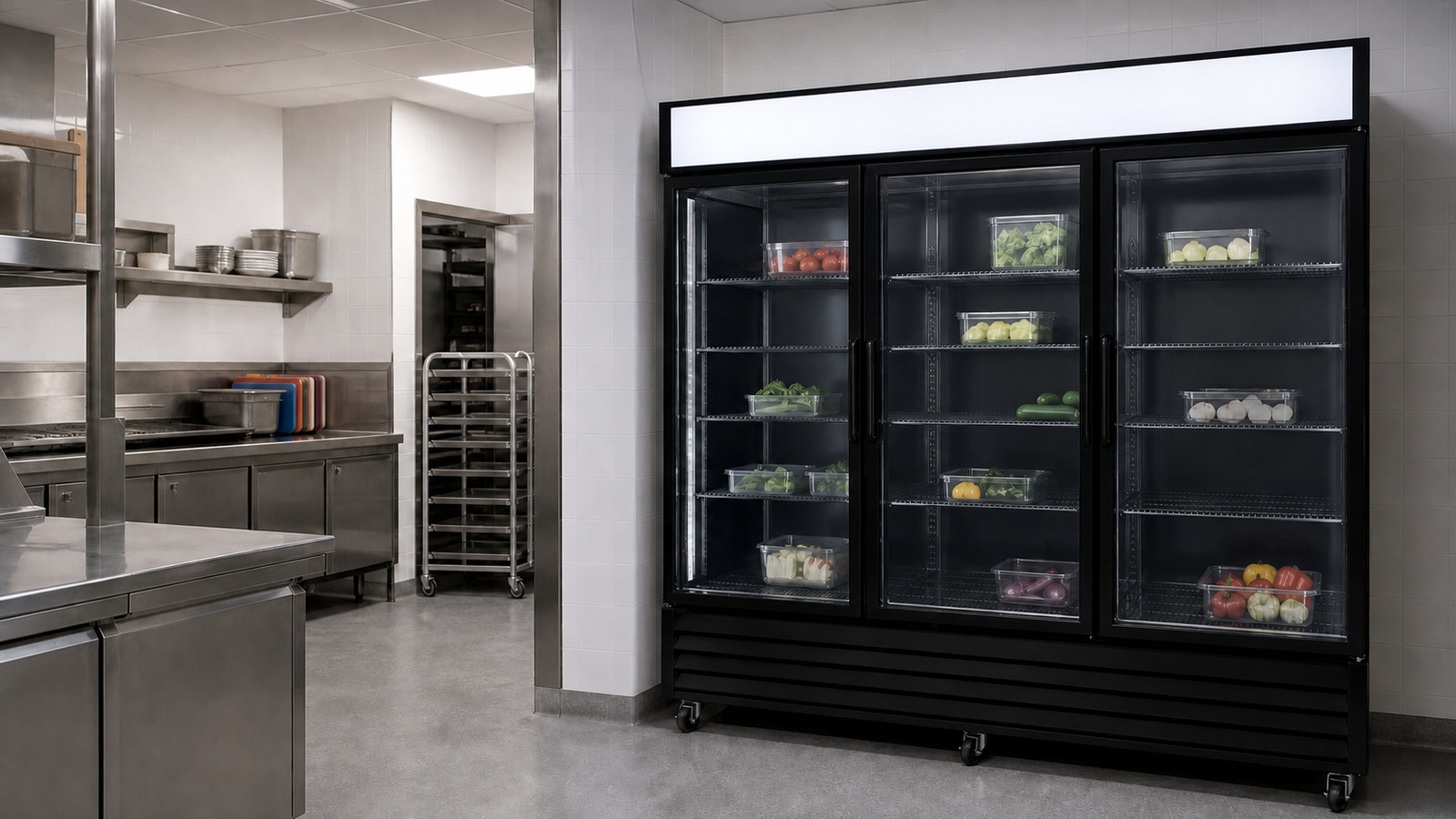 Black glass-door display refrigerator in a commercial kitchen