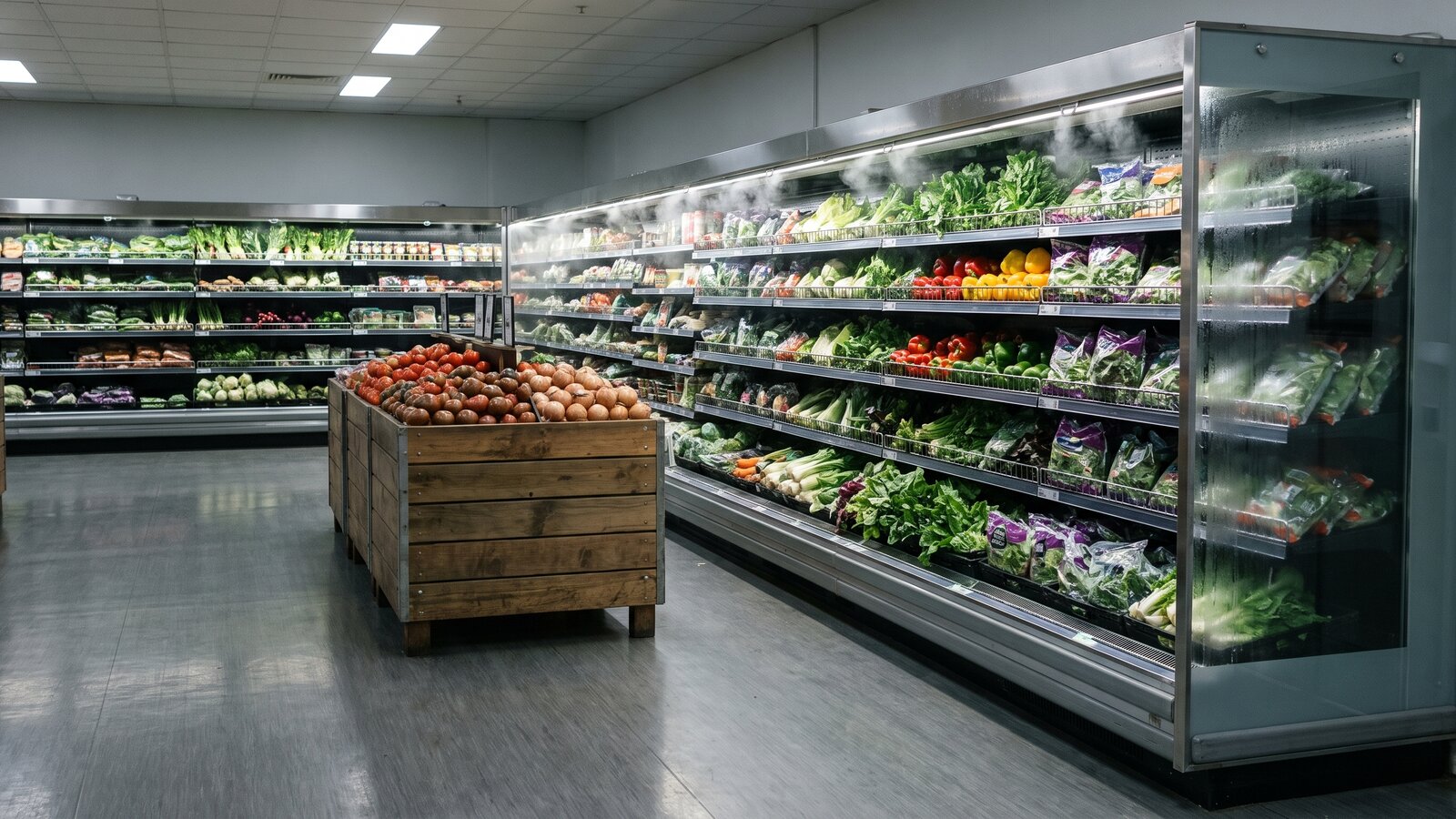 Supermarket refrigerated produce aisle