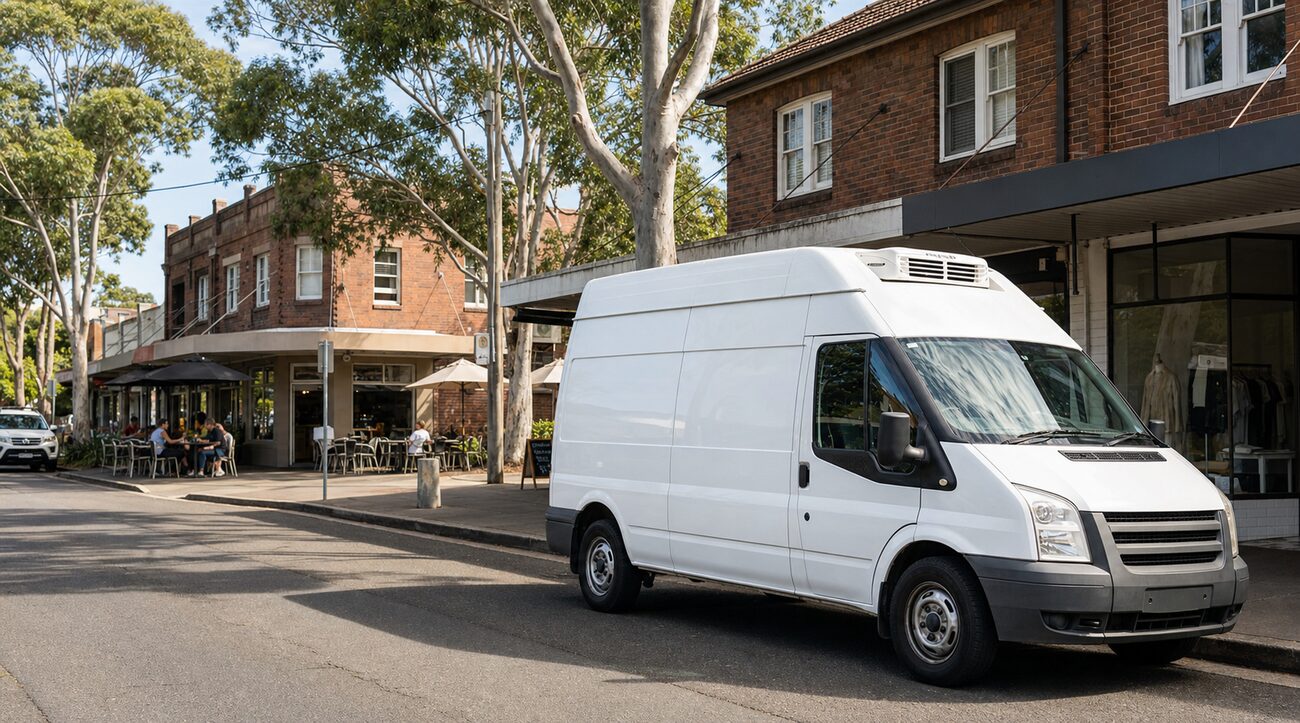 White service van parked on a suburban commercial street