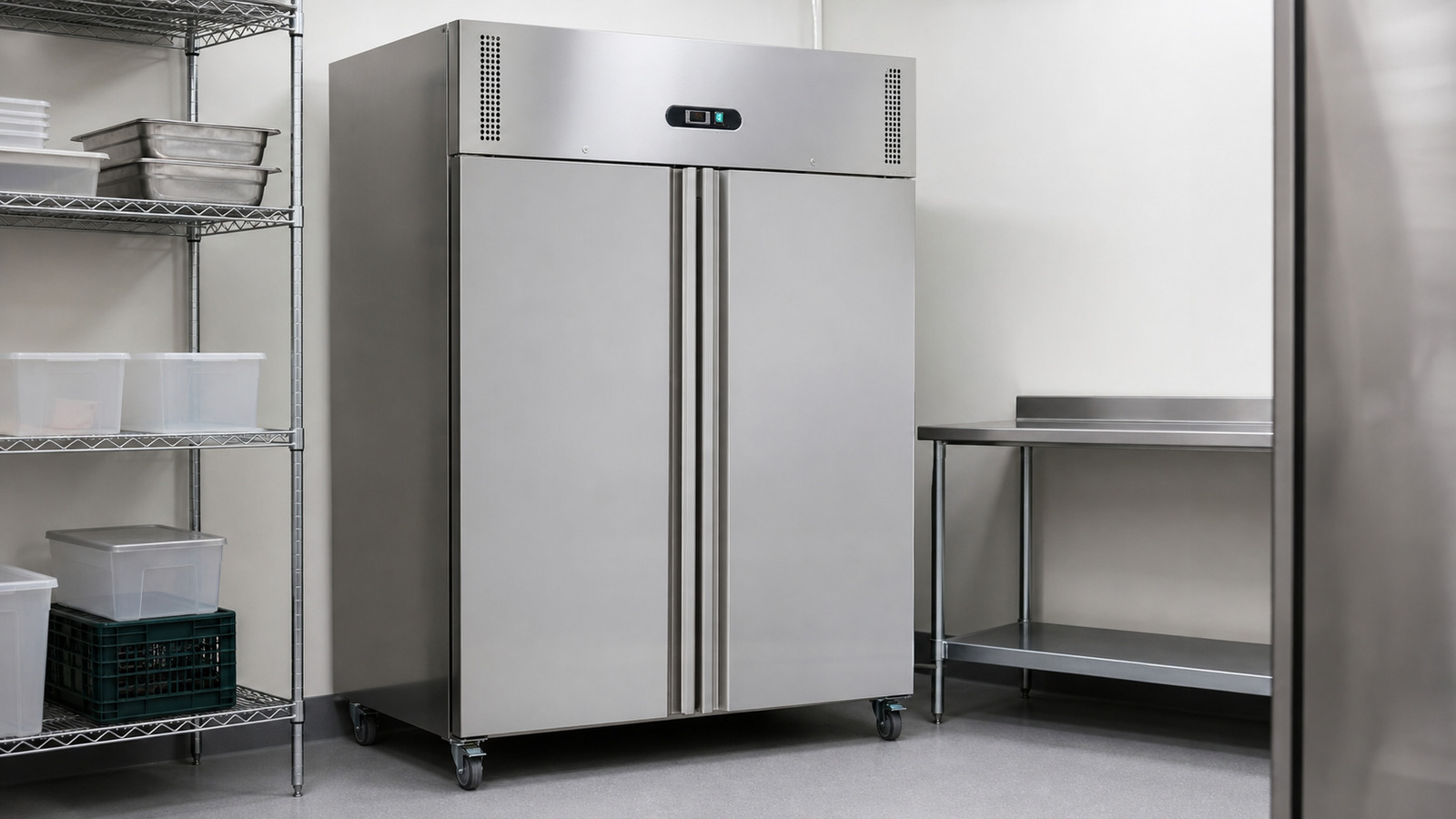 Upright stainless-steel commercial refrigerator in a kitchen