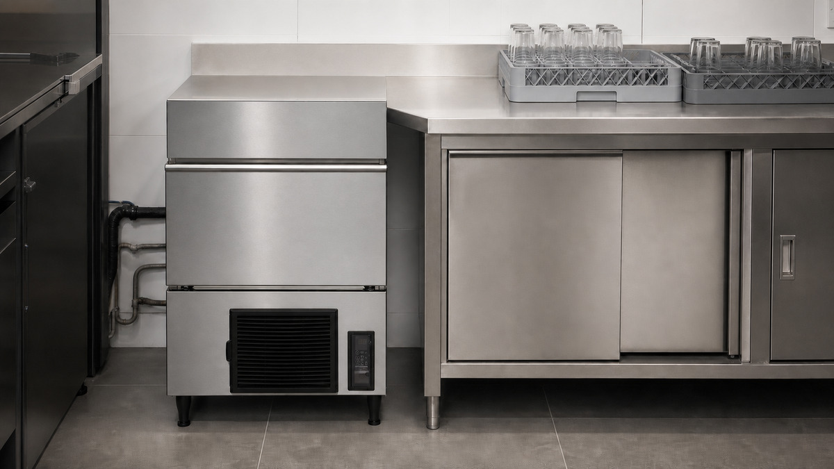 Commercial ice machine in a stainless-steel kitchen
