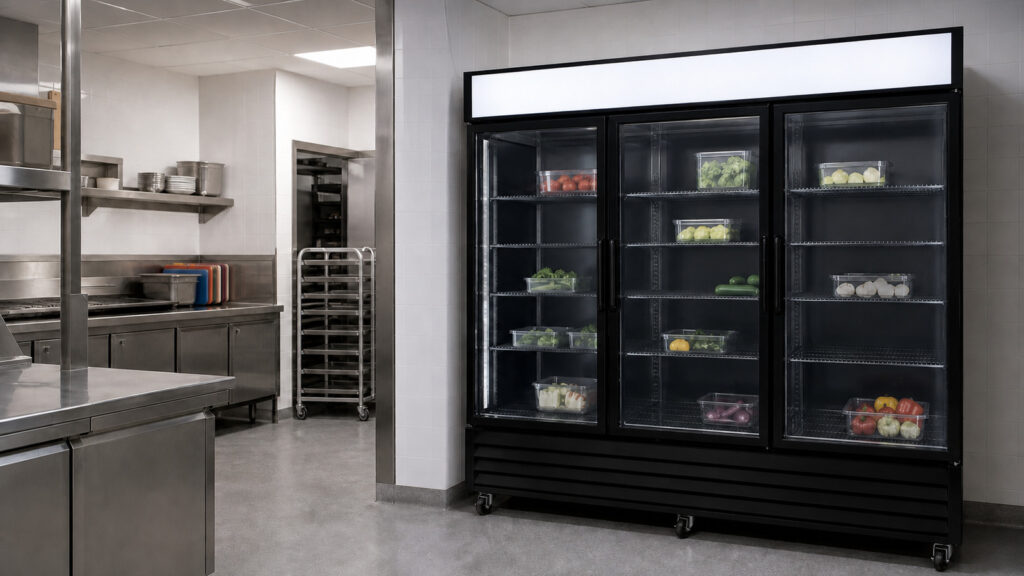 Black glass-door display refrigerator in a commercial kitchen