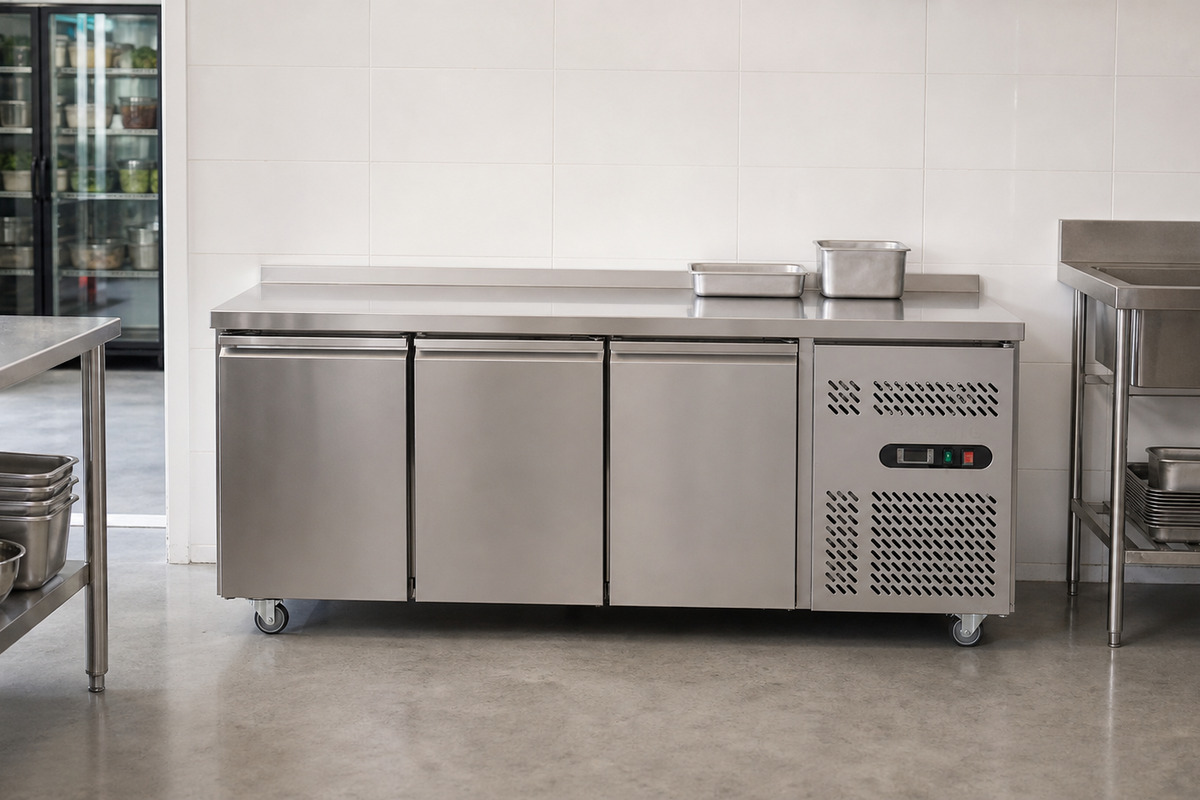 Stainless-steel three-door preparation refrigerator